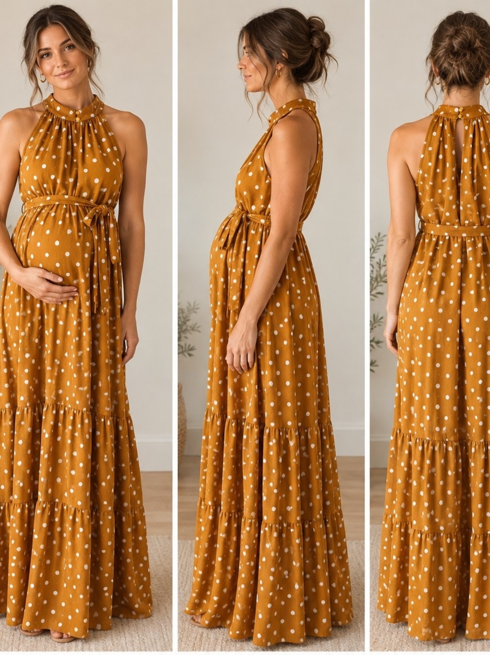 SHEIN Mustard Polka Dot Halter Tiered Maxi Dress